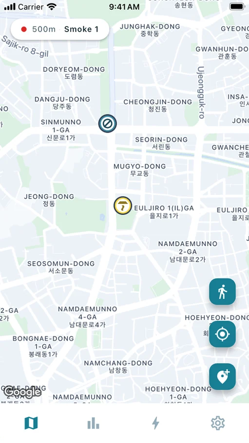 The NoGuri map with nearby marks and a distance readout